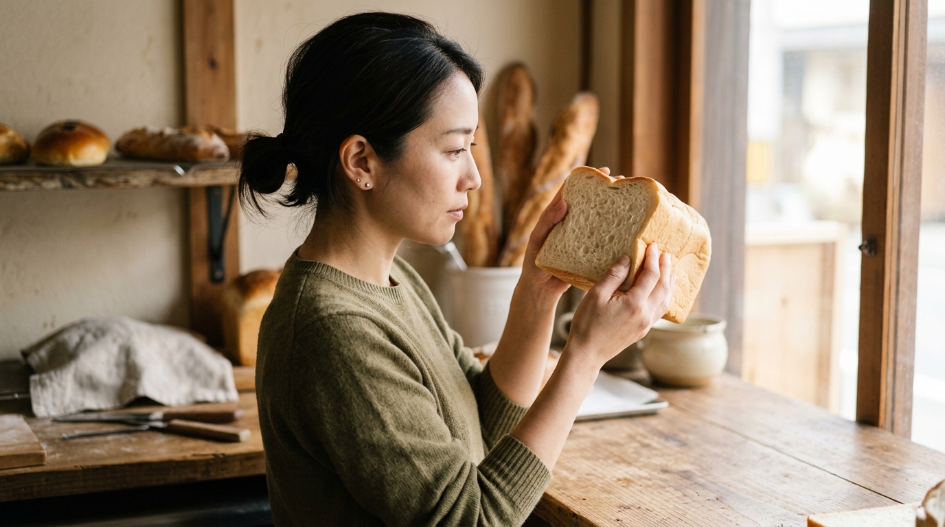 パンドロデヴの作り方を確認しながら、高加水ハードパンの焼き上がりを楽しむ女性のパン作りシーン