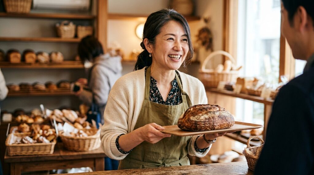 パンオフリュイの作り方を解説するため、ドライフルーツ入りのパンを手にした女性が焼き上がりを楽しむ様子