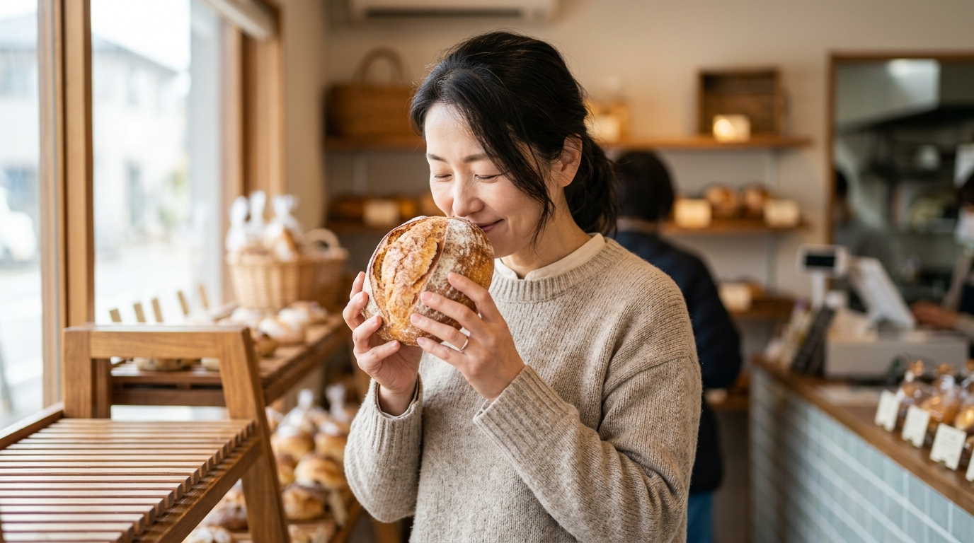 おからパウダーと生おからの使い分けを確認しながら、ヘルシーパン作りの材料を選ぶ女性の風景