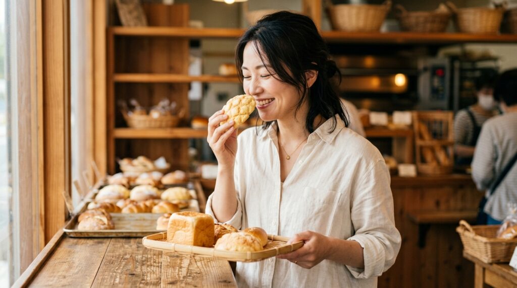 ドイツパンレシピを解説するため、焼きたての香りを楽しみながら種類別のパンを確認しているパン作り風景