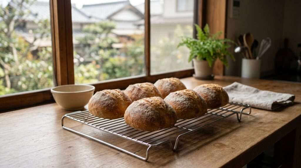 ベーグル発酵の見極め方を解説する記事に合う、焼き上がったパンがラックで冷まされている様子