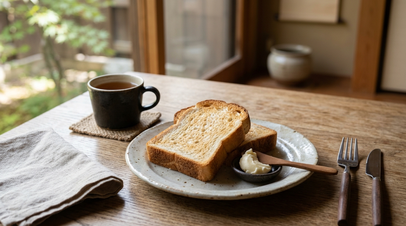 白砂糖と三温糖を使ったパン作りをイメージした、焼きたてパンと木製プレートが並ぶ温かなキッチン風景