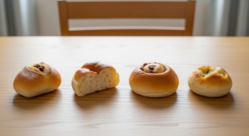 ホームベーカリーで焼きたてパンを作るキッチン風景と食パンのある暮らしをイメージした様子