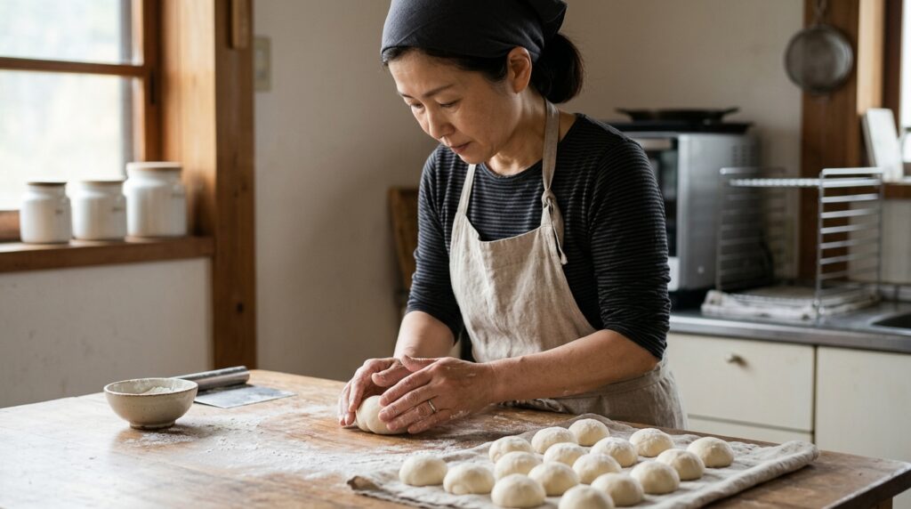 ベンチタイム中のパン生地を丁寧に成形する日本人パン職人の作業風景