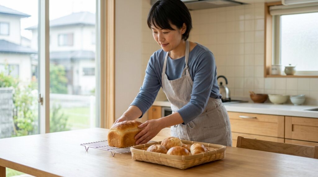 焼き上がったパンを並べながら生焼け状態を確認している日本人のパン作り風景