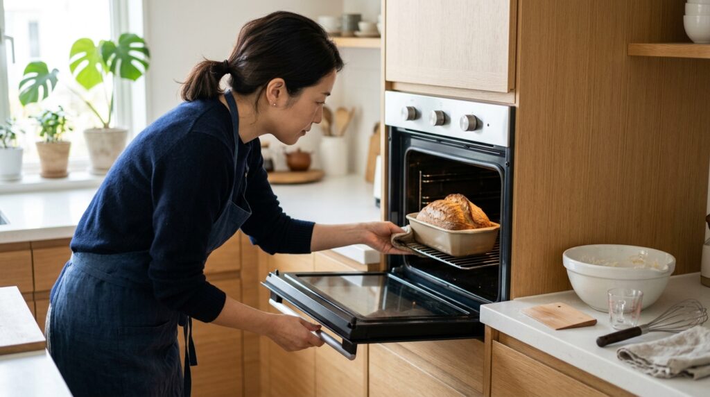 ホームベーカリーでスキムミルクを代用し、焼き上がったパンの状態や仕上がりを確認している様子を表すイメージ画像