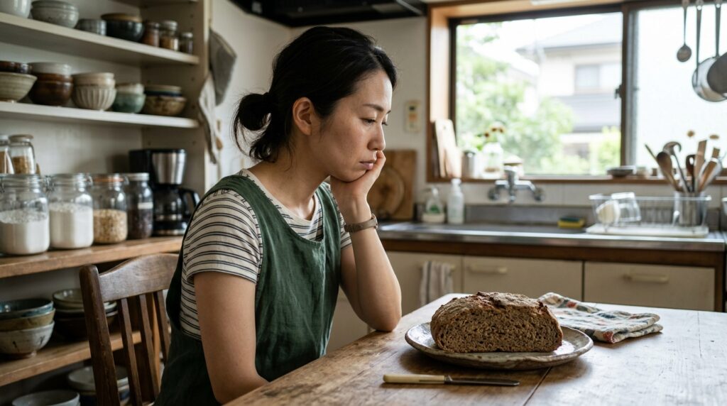 砂糖なしのパン生地による発酵や焼き色、食感の違いを焼き上がった食パンを見ながら確認する人物
