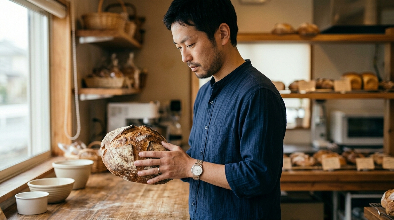 あんこデニッシュ作りで層をきれいに出すため、生地を丁寧に折り込み成形する男性パン職人の作業風景