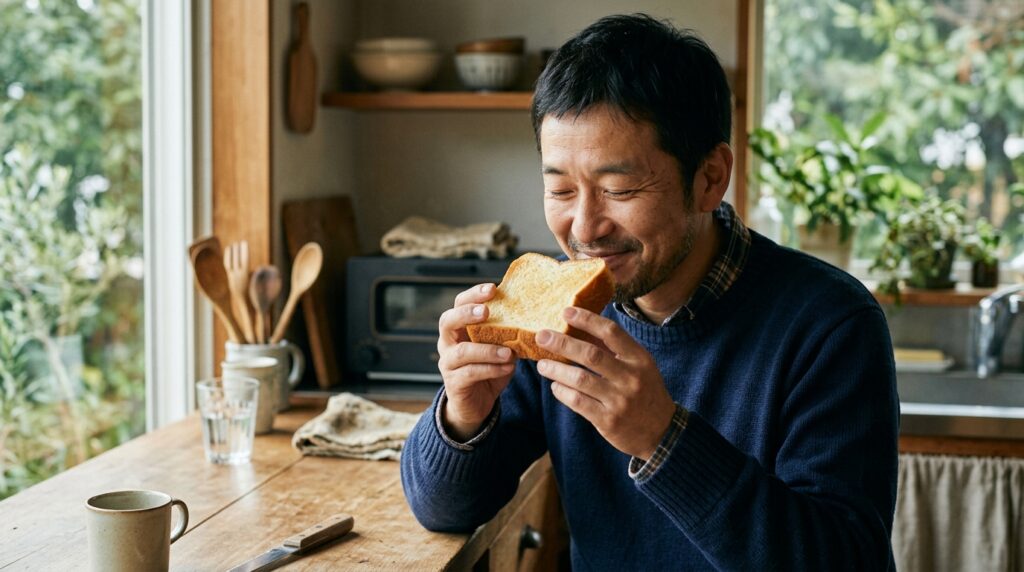 自家製酵母パンレシピをテーマに、焼きたてのパンの香りを楽しむ男性と手作りパンの温かな雰囲気