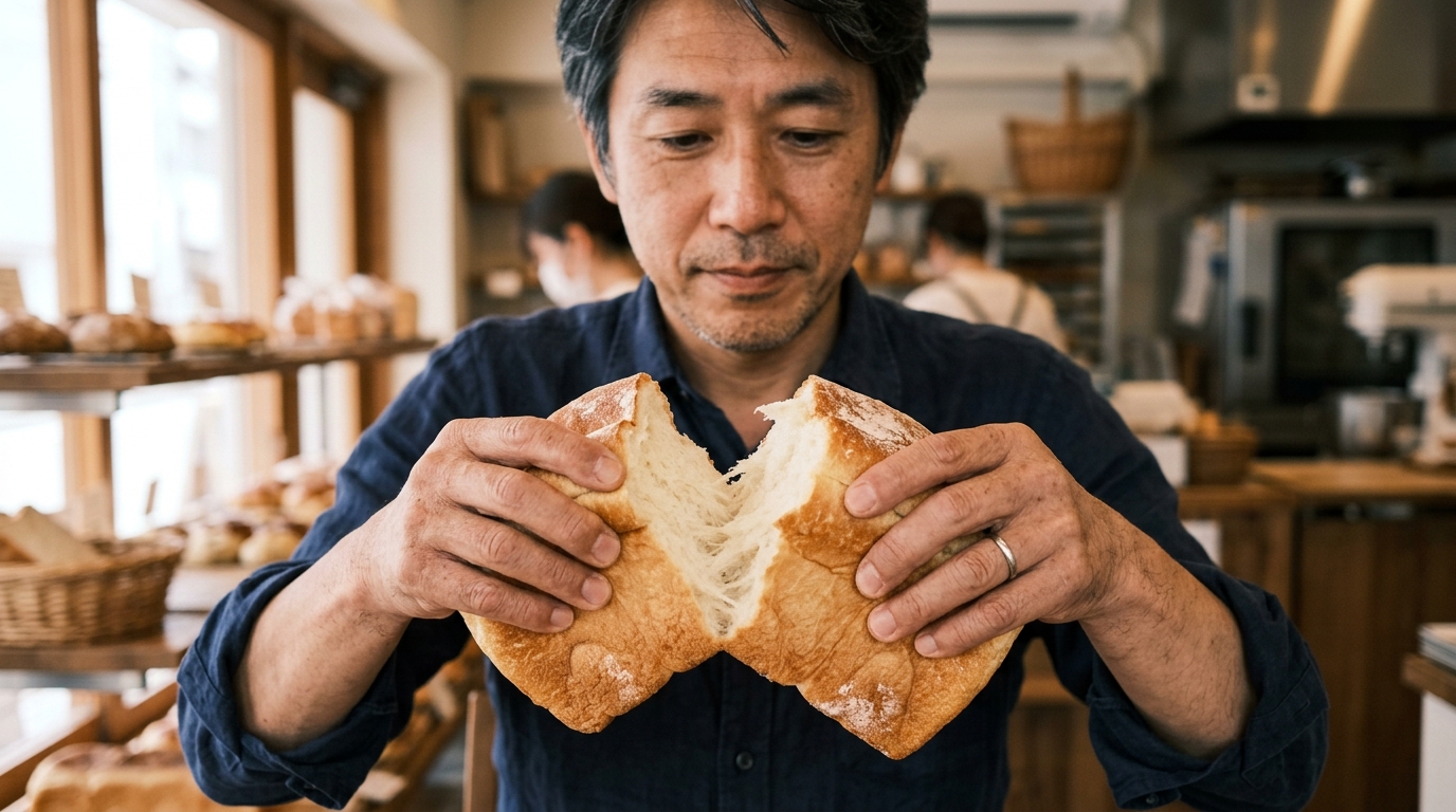 パンのレンジ発酵40度の設定を確認しながら、一次発酵の膨らみ具合を見極める男性のパン作り風景