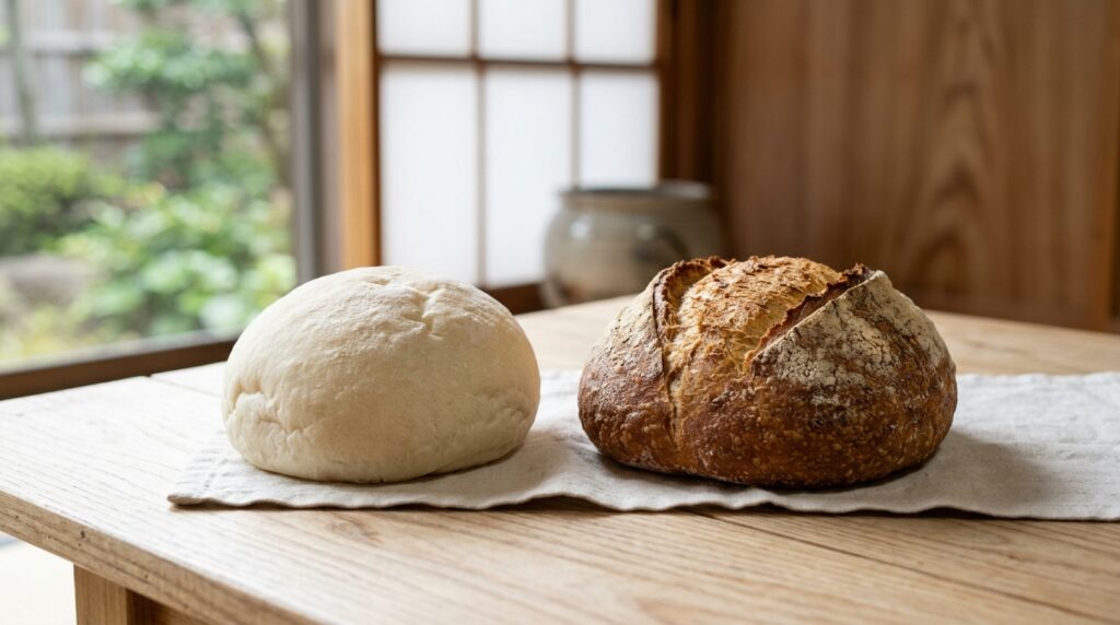 発酵後にしぼむ原因を解説するためにテーブルに並べられた焼きたてのパン2種類の様子