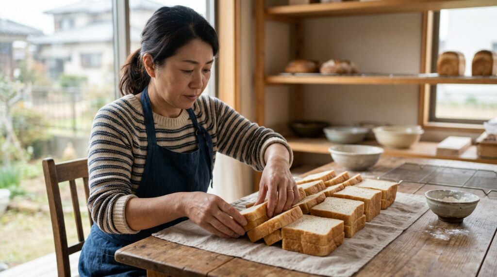 パン作りでミトンの代用品を使いながら焼きたてのパンをテーブルで整える女性の様子