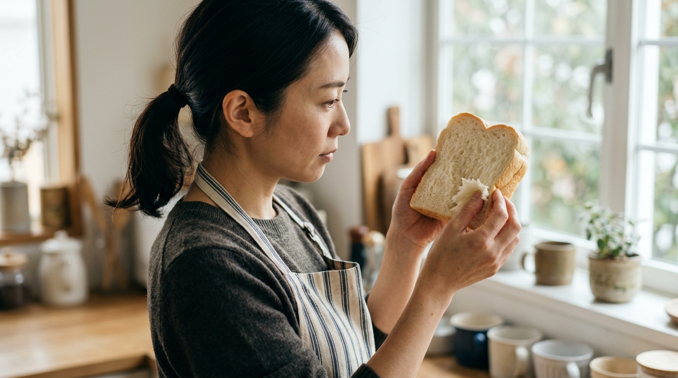パン発酵しないときのこね直し手順を試しながら、女性が発酵具合を確認して生地を整えている場面
