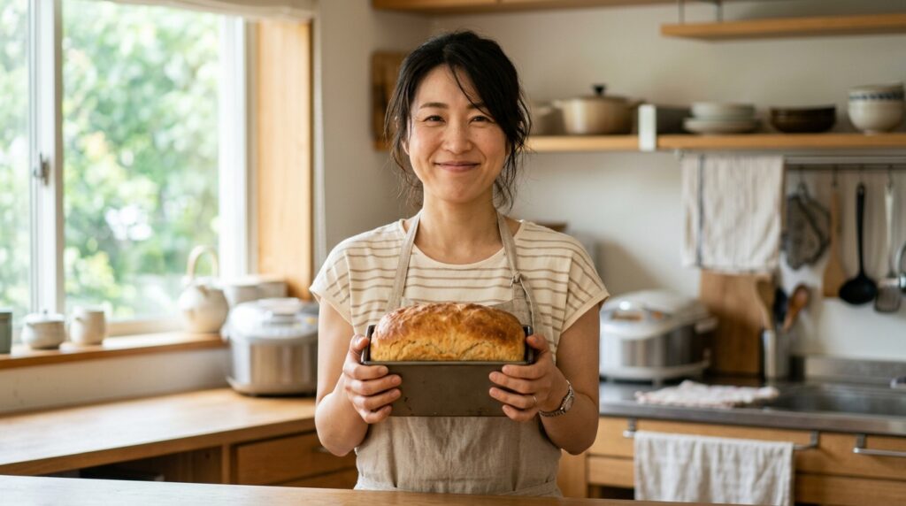 焼き上がったロデブパンを手に笑顔を見せる女性と高加水パンのふんわりした焼き上がりの様子