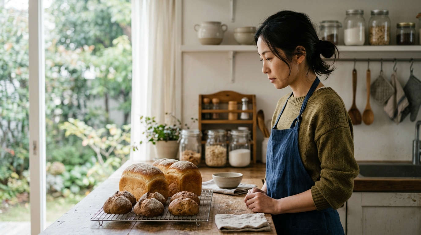 キルシュワッサーを使った香り豊かなパン作りに挑戦し、焼き上がりを楽しむ女性のキッチンシーン