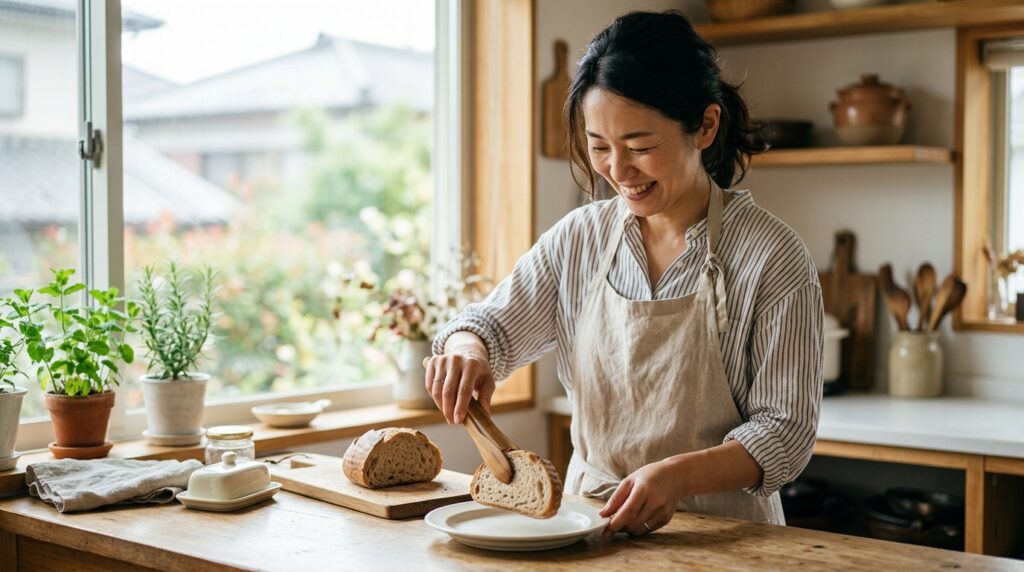 焼き上がったパンを皿に並べながら白砂糖と三温糖の違いを比較するパン作りのイメージ