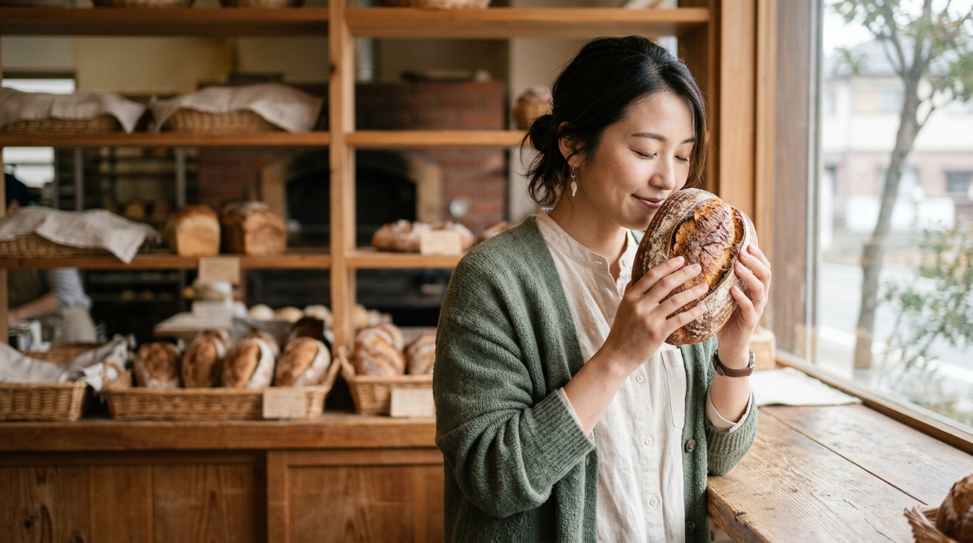 食パン6枚切りの重さやカロリーの違いを比べながら、ランチ用のパンを選ぶ女性のキッチン風景