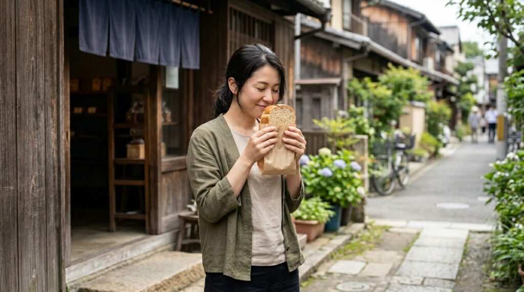 ホームベーカリーで焼いたりんごパンの香りを楽しむ女性が、ふんわり焼き上がりを確認している様子