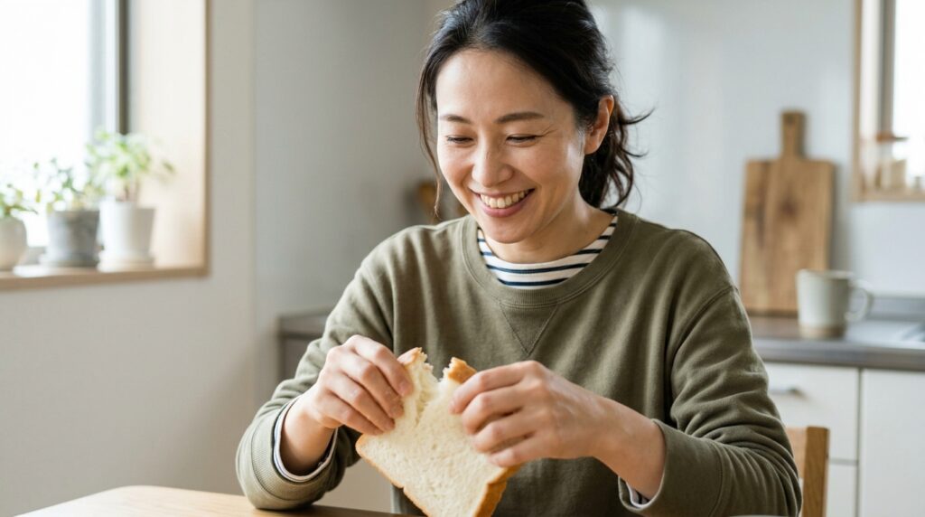 ホームベーカリーで焼いたライ麦パンを笑顔でちぎりながら食感を楽しむ女性の様子