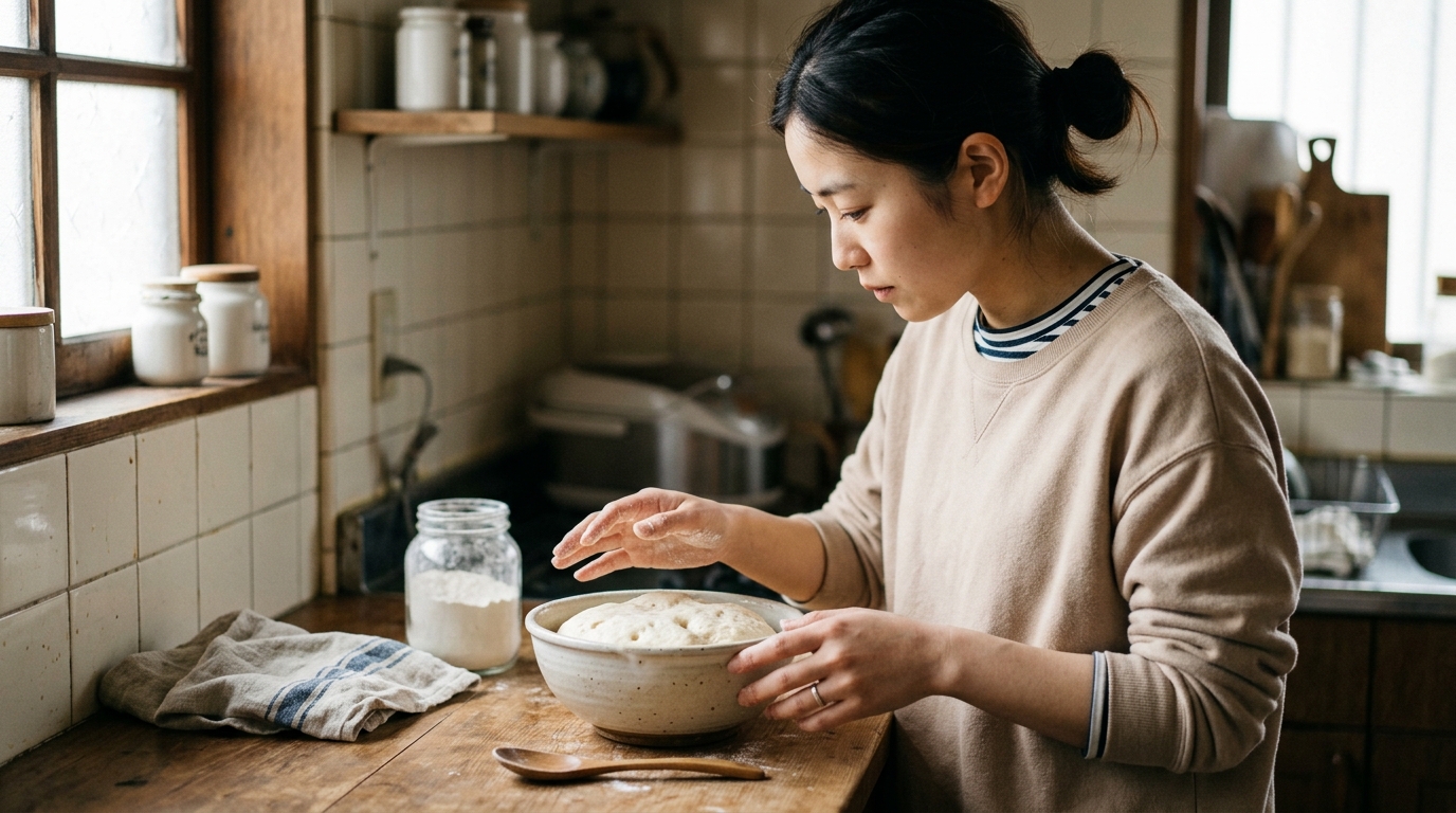 高加水ハードパンのロデヴを焼く女性が、みずみずしい生地の伸びを確かめながら成形作業を進めるキッチンの様子