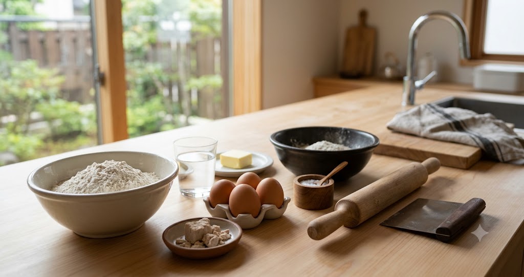パン作りの基本材料と道具を表すイメージ画像