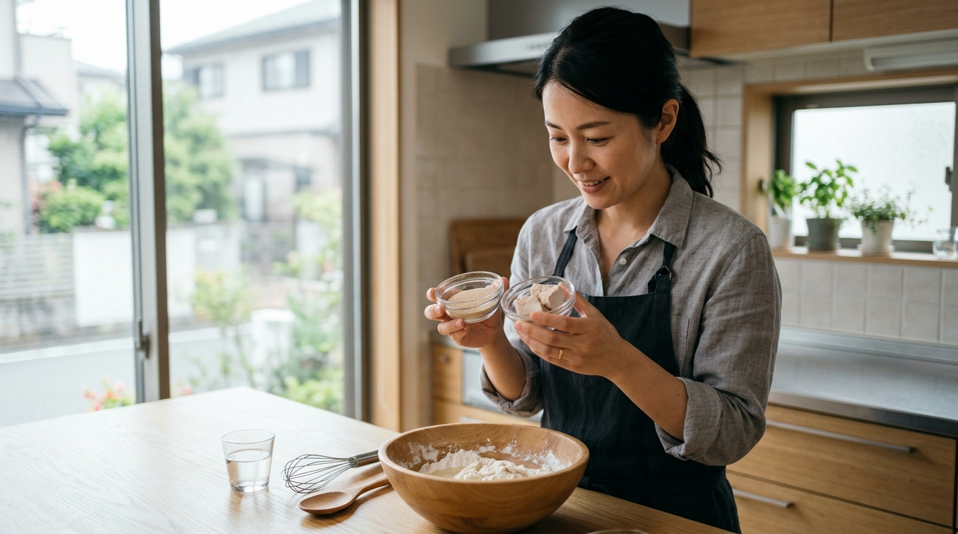 ドライイーストと生イーストを見比べて、パン作りに合う材料を選んでいる女性を表すイメージ画像