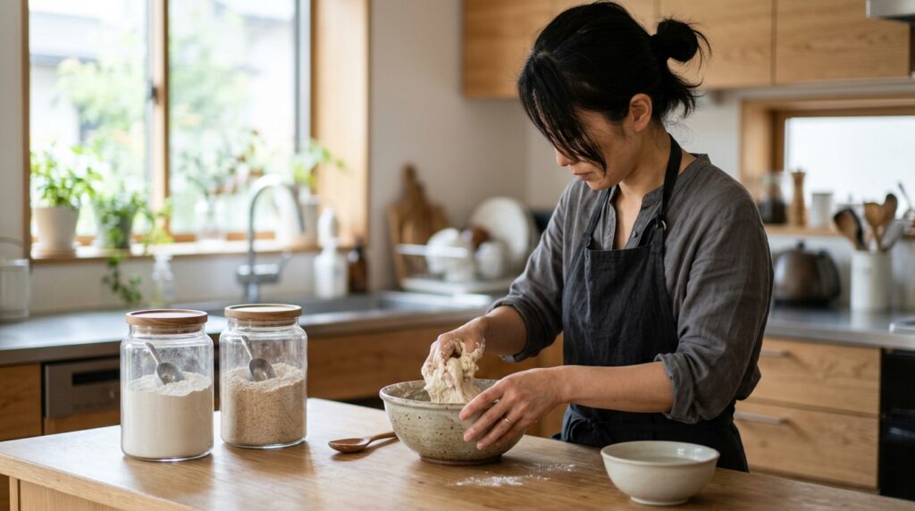 強力粉が少量しかないときの対処法をテーマに、生地作りや代用の工夫を考える様子を表すイメージ画像