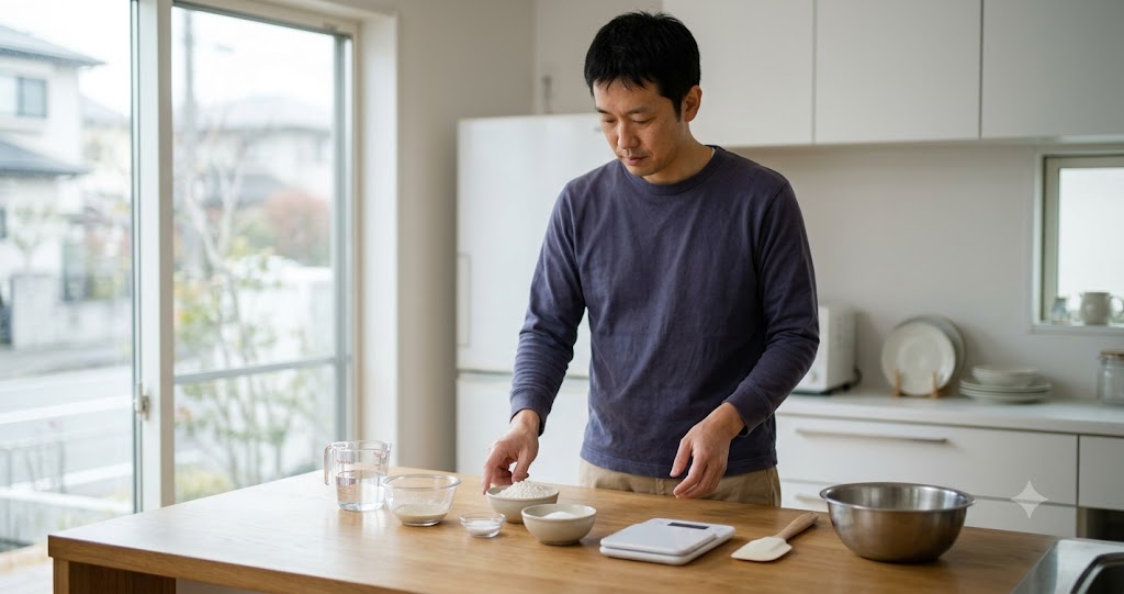 パン作りの材料と道具の準備を表すイメージ画像