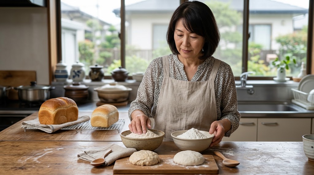 強力粉と米粉の特徴を比較する様子を表すイメージ画像