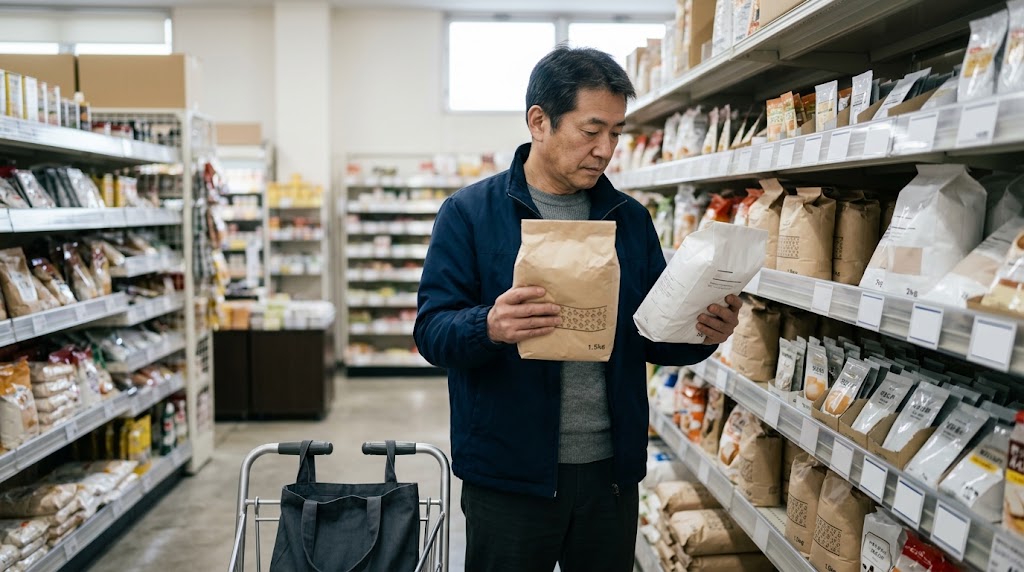 強力粉の商品と価格を確認する様子を表すイメージ画像