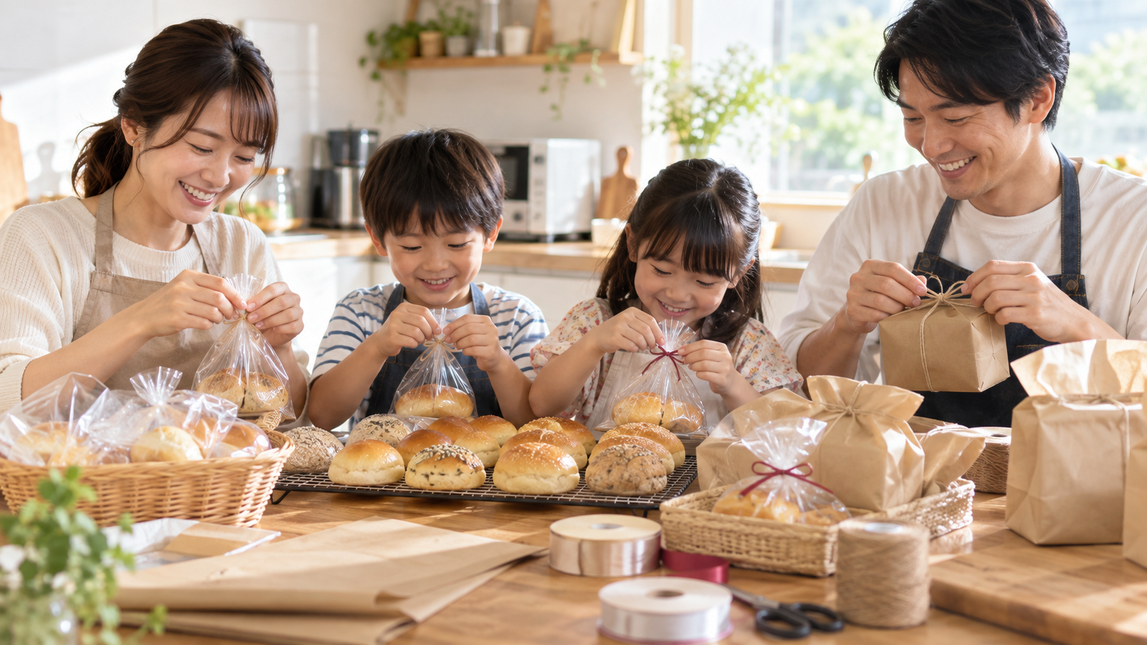 焼いたパンをきれいに包装する方法を表すイメージ画像