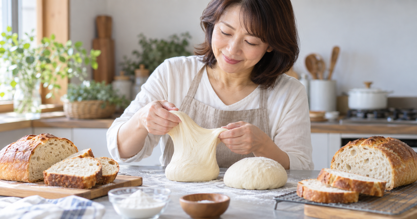 パン作りに使う小麦粉を比較する様子を表すイメージ画像