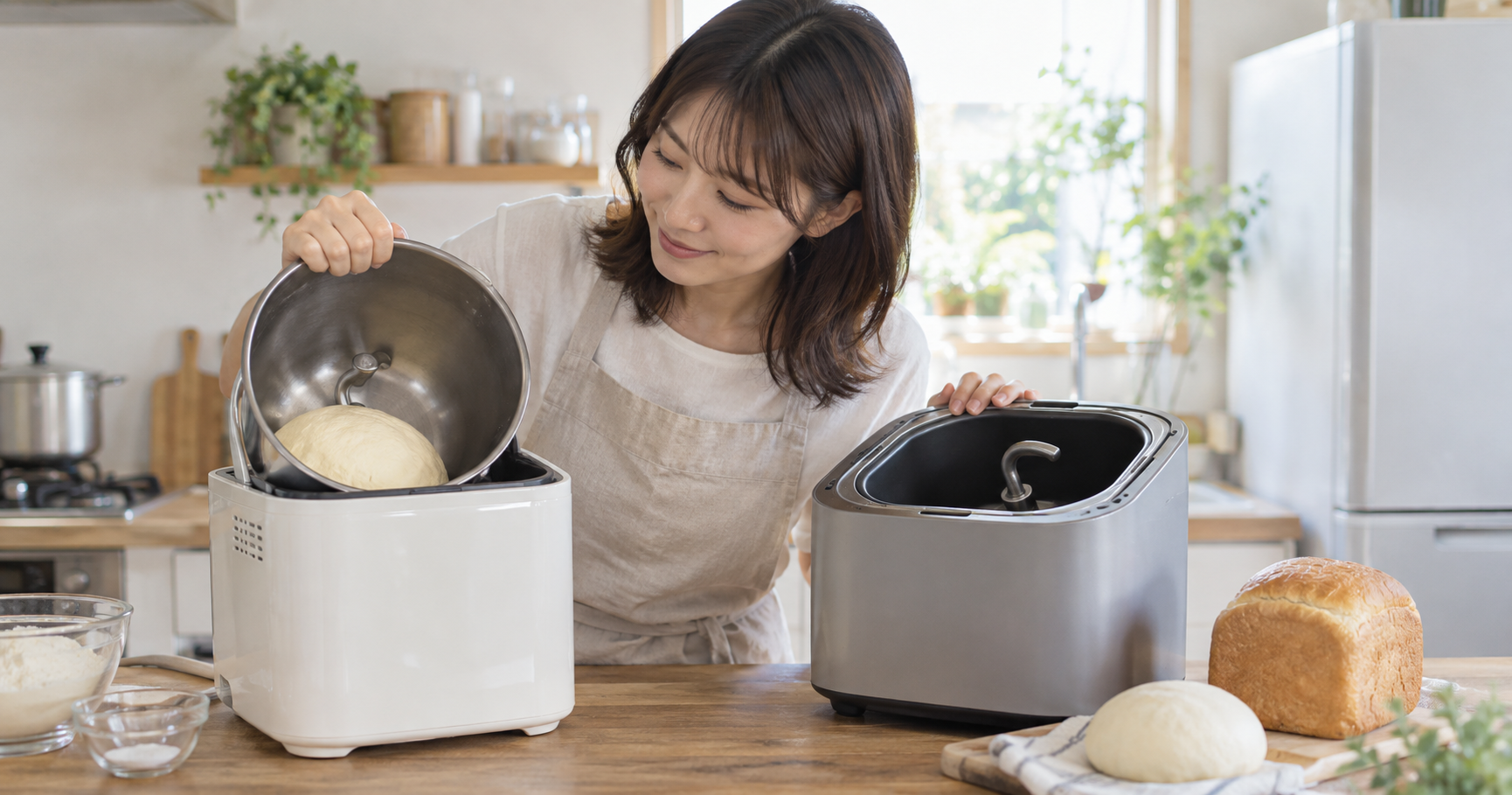 パン捏ね機で生地をこねる工程を表すイメージ画像